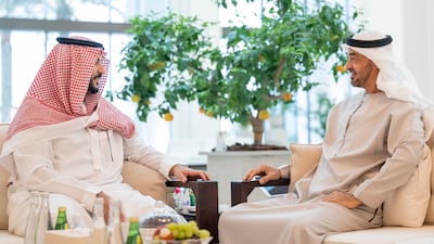President Sheikh Mohamed meets Saudi Arabia’s Deputy Minister of Defence Prince Khalid bin Salman in Abu Dhabi. All photos: UAE Presidential Court