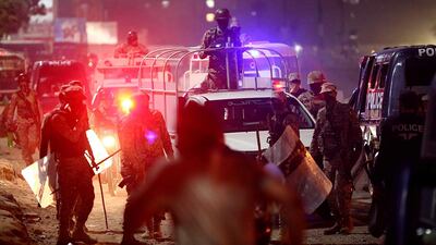 Rangers take positions near supporters of religous group Tehrik Labaik Ya RasoolAllah (TLP) during a protest over the Khadim Hussain Rizvi arrest in Karachi, Pakistan. Tehreek-e-Labbaik Pakistan (TLP) Chief Khadim Hussain Rizvi has been taken into protective custody by the police. EPA