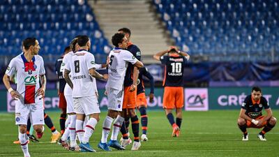 PSG and Montpellier players react at the end of the French Cup semi-final at the Mosson Stadium in Montpellier, southern France. AFP