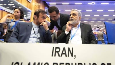 Iranian Ambassador to the UN in Vienna Reza Najafi (L) and Behrouz Kamalvandi (R), spokesman for the Atomic Energy Organization of Iran, attend the Board of Governor’s Meeting of the International Atomic Energy Agency (IAEA) at the agency's headquarters in Vienna, Austria on September 14, 2026. (Photo by Joe Klamar / AFP)