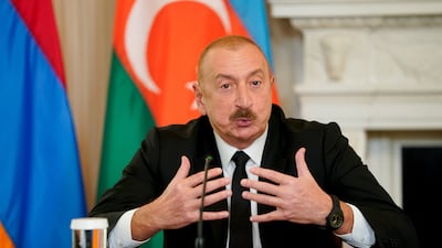 Mr Aliyev at the White House. Both he and Mr Pashinyan will receive their Zayed Human Fraternity awards at a ceremony in Abu Dhabi in February. EPA