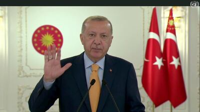 Recep Tayyip Erdogan, president of Turkey, speaks in a pre-recorded message which was played during the 75th session of the United Nations General Assembly. UNTV via AP