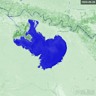 The lake has significantly receded in recent years. Copernicus