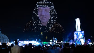 A drone display shows Sheikh Mansour bin Zayed, Deputy Prime Minister and Minister of Presidential Affairs, at Sheikh Zayed Heritage Festival in Al Wathba, Abu Dhabi. Victor Besa / The National