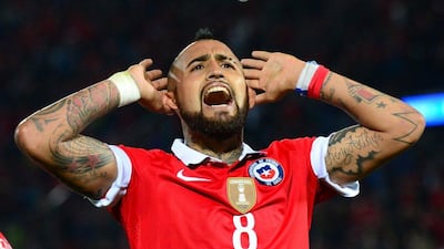 Chile’s Arturo Vidal gestures at the crowd during their 2018 World Cup qualifying win on Thursday night over Brazil in Santiago. Martin Bernetti / AFP