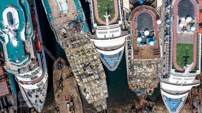 Five luxury cruise ships are seen being broken down for scrap at the Aliaga ship recycling port on October 02, 2020 in Izmir, Turkey. Chris McGrath / Getty Images