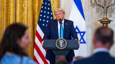 US President Donald Trump at a press conference with Israeli Prime Minister Benjamin Netanyahu at the White House in Washington. Mr Trump said he wants the US to take over Gaza. EPA