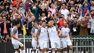 Hong Kong players celebrate a goal against Inter Miami. AFP