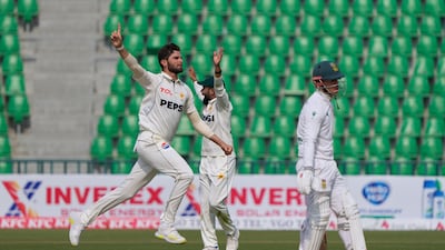 Pakistan's Shaheen Afridi celebrates the wicket of South Africa's Kyle Verreynne during the fourth day of the first Test in Lahore. AP