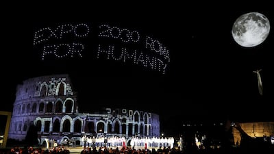 A spectacular show to promote Rome's bid to host the 2030 Expo before the BIE, the organising committee of the world's fair, at the Colosseum in the Italian capital. Shutterstock