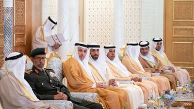 From left: Zaki Nusseibeh, Minister of State; and Lt Gen Hamad Al Romaithi, Chief of Staff for the UAE Armed Forces; Khaldoon Al Mubarak, chief executive and Managing Director Mubadala, Chairman of the Abu Dhabi Executive Affairs Authority and Abu Dhabi Executive Council Member; Mohamed Al Mazrouei, Undersecretary of the Crown Prince Court of Abu Dhabi; and Mohamed Al Muhairbi, UAE Ambassador to Uzbekistan, attend a meeting with Mr Mirziyoyev.
