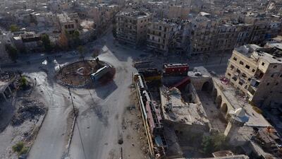 A general view taken with a drone shows the damage in the rebel-held Bab al-Hadid neighbourhood of Aleppo, Syria, October 13, 2016. Abdalrhman Ismail / Reuters