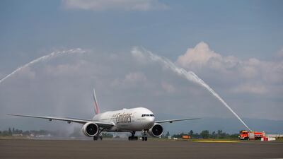 Emirates’ inaugural Boeing 777-300ER flight from Dubai touched down in Zagreb today to a water cannon salute and traditional Croatian folk dancers, with more than 350 passengers on board. Courtesy Emirates