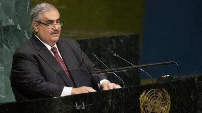 Bahrain's Foreign Minister Shaikh Khalid Bin Ahmed Al-Khalifa addresses the United Nations General Assembly. AP Photo