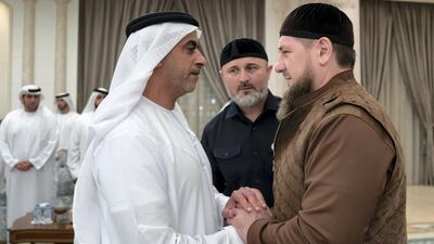 Ramzan Kadyrov offers condolences to Sheikh Saif on the death of his brother, Sheikh Sultan. Rashed Al Mansoori / Ministry of Presidential Affairs