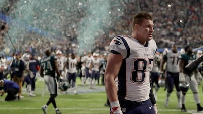 New England Patriots' Rob Gronkowski walks off the field after the NFL Super Bowl 52 football game against the Philadelphia Eagles in Minneapolis. The Eagles won 41-33. Chris O'Meara / AP Photo