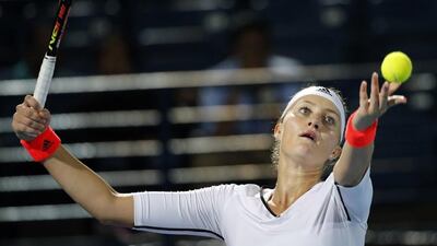 France’s Kristina Mladenovic of UAE Royals reacts to a line call during a match against Australia’s Samantha Stosur of Indian Aces in the women's singles of the International Premier Tennis League (IPTL) on December 14, 2015 in the Emirate Dubai. AFP PHOTO / KARIM SAHIB