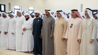 President Sheikh Mohamed with Sheikh Mansour bin Zayed, Vice President, Deputy Prime Minister and Minister of the Presidential Court, Sheikh Diab bin Zayed, Sheikh Falah bin Zayed, Sheikh Nahyan bin Zayed, Sheikh Mohammed bin Hamdan, Sheikh Dr Sultan bin Khalifa, Sheikh Hamdan bin Mohammed bin Zayed and Sheikh Mohamed bin Hamad bin Tahnoon at funeral prayers for Sheikh Saeed bin Zayed. Photo: UAE Presidential Court