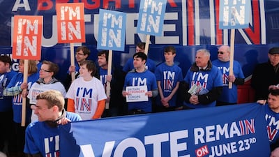 Supporters of the campaign for Britain to stay in the European Union rally at Northumbria University’s city campus in Newcastle-upon-Tyne. Ian Forsyth / Getty Images