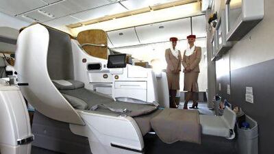 Premium-class travel between Africa and the UAE grew the most at about 12 per cent in the first half of this year. Above, a business-class seat at Emirates Airline's Boeing 777. Jeff Topping / The National