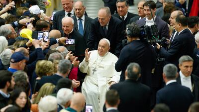 Pope Francis joins a gathering of grandparents and grandchildren at an event sponsored by Italy's Fondazione Eta Grande (Old Age Foundation) in Paul VI Hall at the Vatican on Saturday, April 27. Reuters