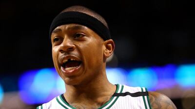 Isaiah Thomasof the Boston Celtics reacts during the second quarter of Game 1 of the Eastern Conference semi-finals against the Washington Wizards at TD Garden on April 30, 2017 in Boston, Massachusetts. Thomas lost his front tooth after colliding with Otto Porter Jr. Maddie Meyer / Getty Images