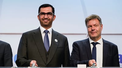 Dr Sultan Al Jaber, Minister of Industry and Advanced Technology, and German Vice Chancellor Robert Habeck mark the first delivery in Hamburg, Germany. Reuters