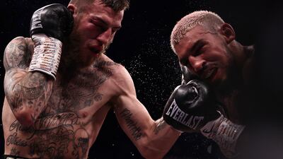 England's Sam Eggington, left, lands a punch on Bilel Jkitou of France in their WBC Silver middleweight title fight at Skydome Arena in Coventry, on Friday, September 10. Eggington won the fight via split decision. Getty