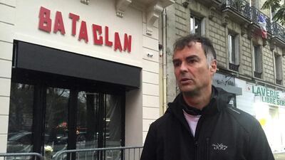 Denys Plaud, 48, a maths and physics tutor, stands outside the Bataclan concert hall in Paris where he was attending a concert when ISIL militants struck on November 13, 2015, killing 89 people. Oleg Cetinic / AP Photo / November 7, 2016
