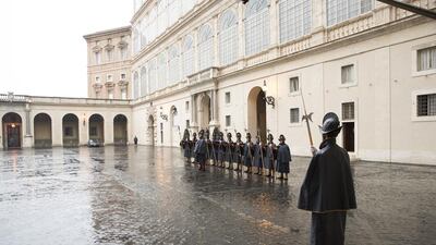 The Swiss Honour Guard await the arrival of Sheikh Mohamed bin Zayed at the Apostolic Palace. Ryan Carter / Crown Prince Court - Abu Dhabi