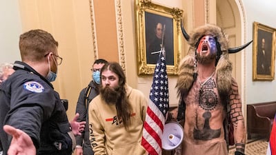 Supporters of then-president Donald Trump outside the Senate Chamber after storming the US Capitol on January 6. AP
