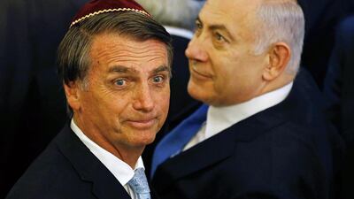 Brazilian President-elect Jair Bolsonaro (L) and Israeli Prime Minister Benjamin Netanyahu (R) participate in an act at a synagogue in Rio de Janeiro, Brazil, 28 December 2018. E{A