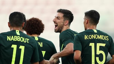 Milos Degenek (C) of Australia celebrates with teammates after scoring the fourth goal during the international friendly match against Oman at Maktoum Bin Rashid Al Maktoum Stadium in Dubai on Sunday. Australia won the match 5-0 as part of their 2019 Asian Cup preparations. The tournament is being held in the UAE from January 5-February 1. Getty Images