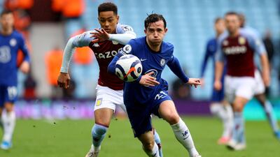 Ben Chilwell and Jacob Ramsey, left, battle for the ball during the Premier League game between Aston Villa and Chelsea at Villa Park. AP