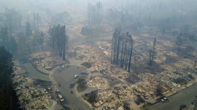 This aerial image shows a neighborhood that was destroyed by a wildfire in Santa Rosa, California. Nick Giblin / DroneBase via AP