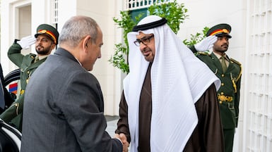 President Sheikh Mohamed with Armenian Prime Minister Nikol Pashinyan. Hamad Al Kaabi / UAE Presidential Court