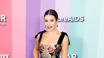 Lea Michele in Reem Acra at the Amfar Gala on October 10, 2019. EPA