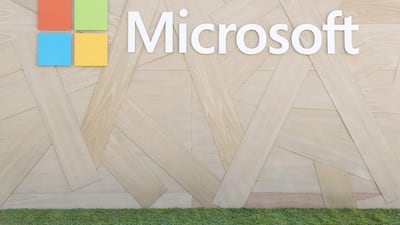 Microsoft's logo at the event in Dubai. Photo: Reem Mohammed / The National