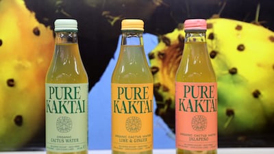 Pure Kaktai organic cactus water on display at Gulfood in Dubai. Pawan Singh / The National