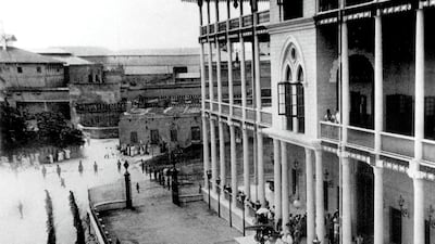 A military parade in front of the House of Wonders, which was the home of the sultan in Zanzibar, after 1896. Getty Images