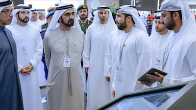 Sheikh Mohammed, Sheikh Mansour and Sheikh Hamdan visit the stands of various exhibitors