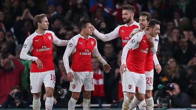 Arsenal players celebrate during their win over Dynamo Zagreb on Tuesday night in the Champions League. Matthew Childs / Action Images / Reuters / November 24, 2015