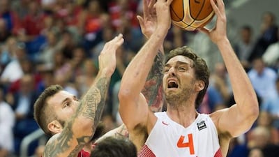 Spain's Pau Gasol of the Chicago Bulls shown in action against Serbia's Miroslav Raduljica, left during EuroBasket 2015 on Saturday. Lukas Schulze / EPA