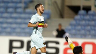 Belgium forward Eden Hazard scores his goal against Gibraltar. Jose Manuel Ribeiro / AFP