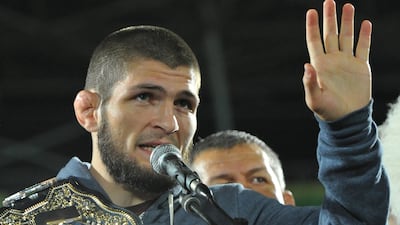 Khabib Nurmagomedov talks to the crowd in Makhachkala. Reuters