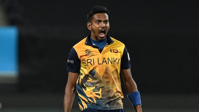 Sri Lanka pacer Dushmantha Chameera after taking the wicket of UAE's Aryan Lakra. AFP