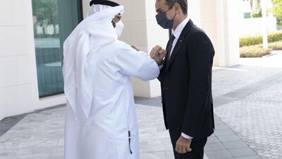 Sheikh Mohamed bin Zayed, Crown Prince of Abu Dhabi and Deputy Supreme Commander of the UAE Armed Forces, meets Kyriakos Mitsotakis, the Prime Minister of Greece, on Wednesday. Courtesy: Sheikh Mohamed bin Zayed Twitter