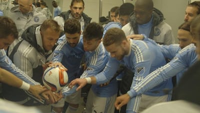 The New York City FC players get ready to play their first-ever game, a preseason friendly in Charleston. Courtesy Win!