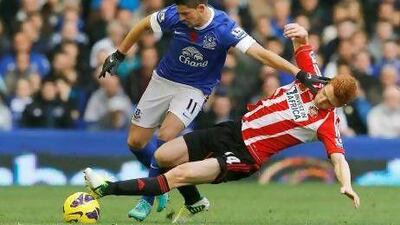 Marouane Fellaini, right, celebrates with Everton teammate John Heitinga after the win over Sunderland yesterday.