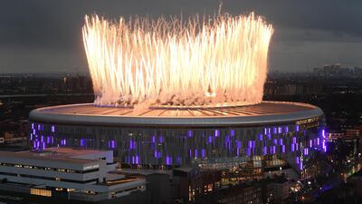 Fireworks explode off the top of the new Tottenham Hotspur Stadium ahead of the Premier League match between Spurs and Crystal Palace. Getty